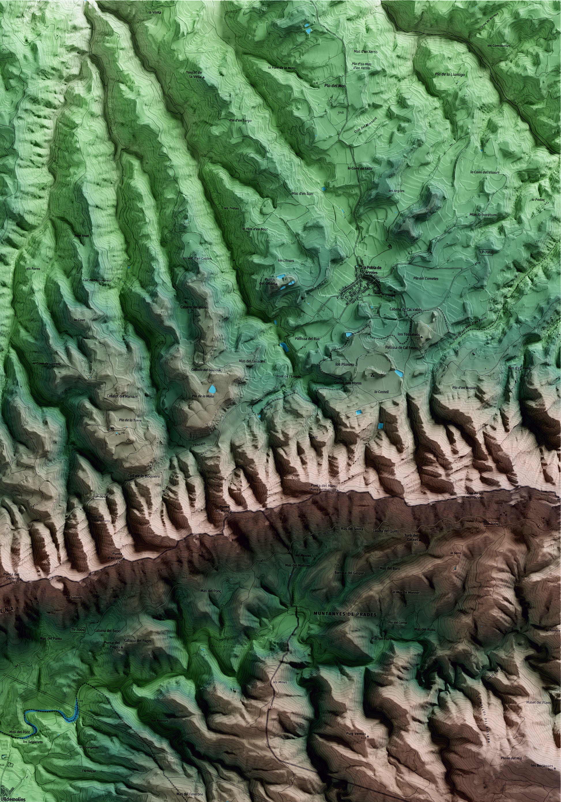 Mapa artístico del relieve de Ulldemolins, al Priorat, con 15 km de entorno y base topográfica ICGC. Detalle de la zona superior derecha.