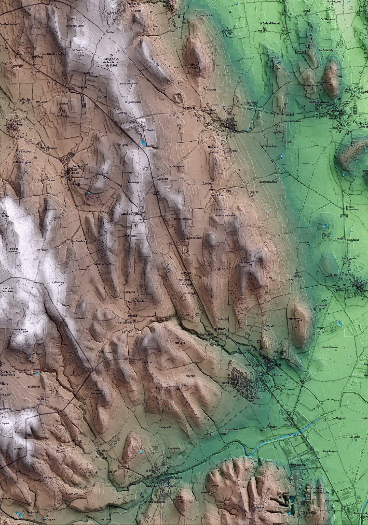 Mapa artístico del relieve de Ultramort, al Baix Empordà, con 15 km de entorno y base topográfica ICGC. Detalle de la zona inferior izquierda.