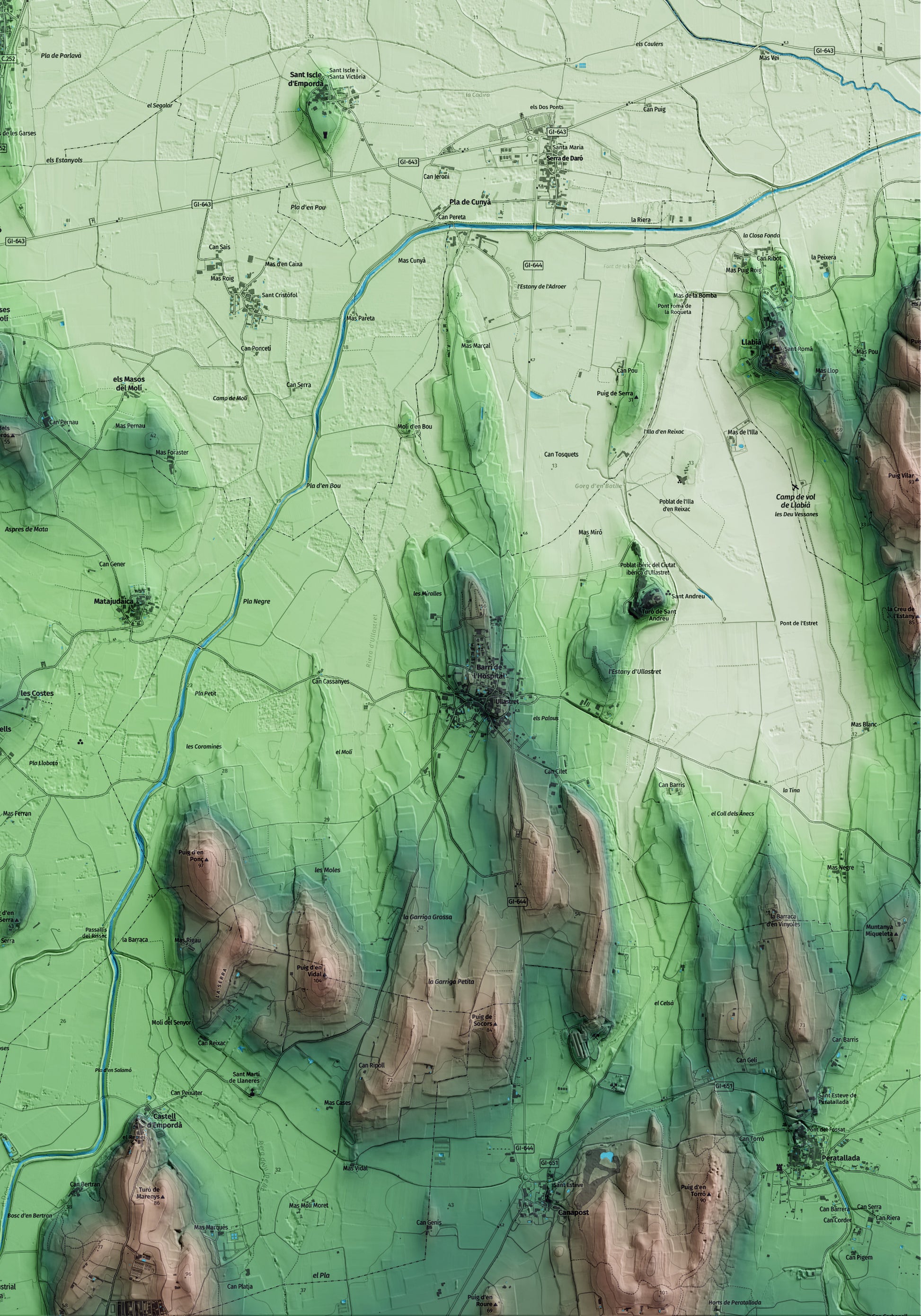 Mapa artístico del relieve de Ultramort, al Baix Empordà, con 15 km de entorno y base topográfica ICGC. Detalle de la zona inferior derecha.
