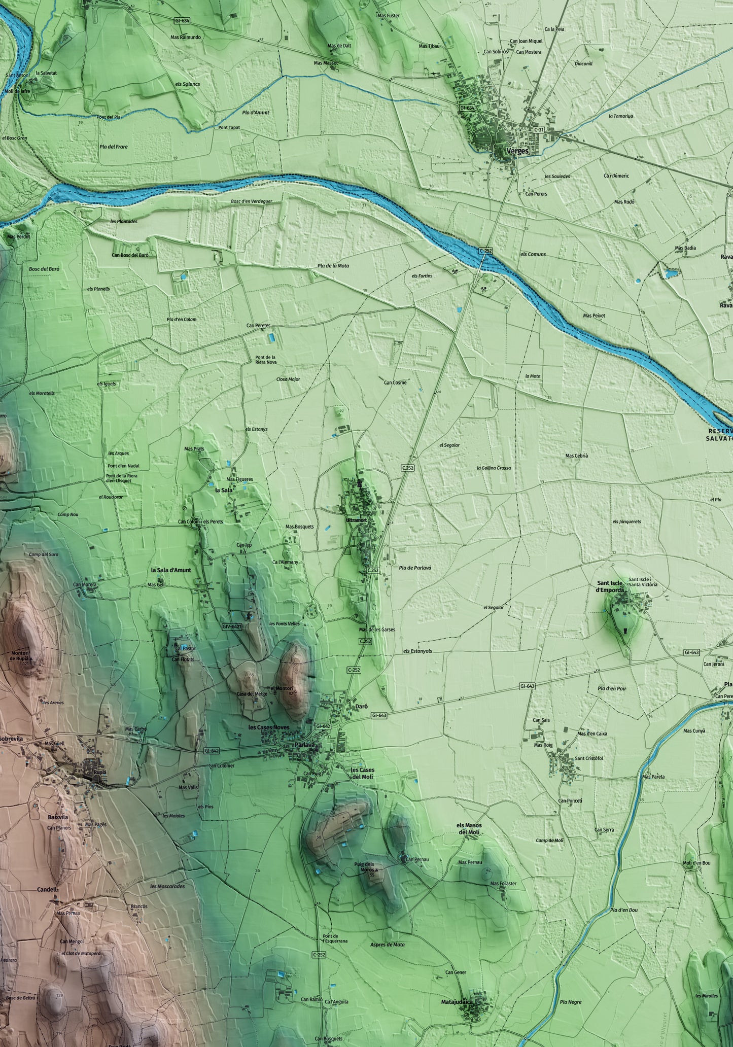 Mapa artístico del relieve de Ultramort, al Baix Empordà, con 15 km de entorno y base topográfica ICGC. Detalle de la zona central.