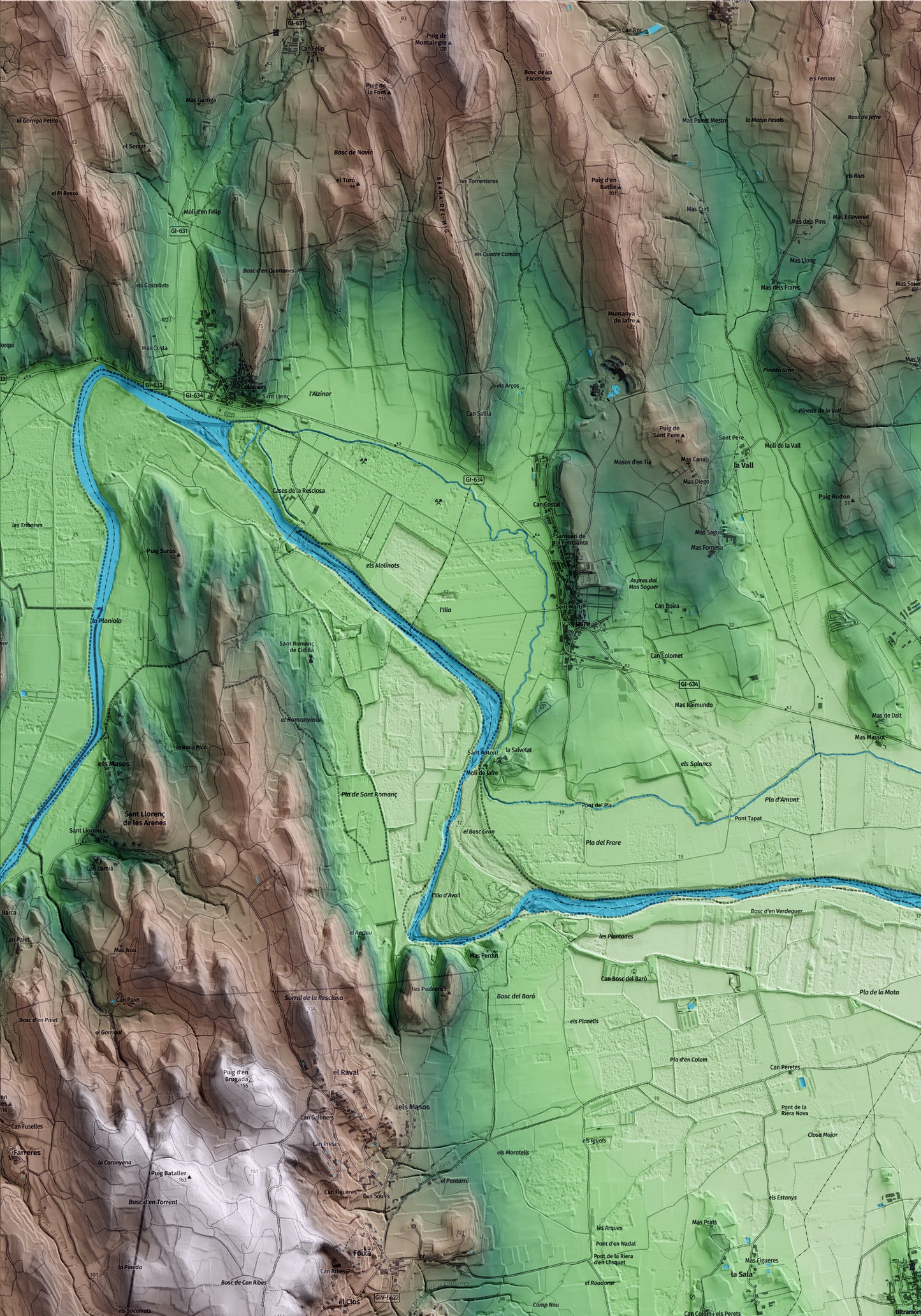 Mapa artístico del relieve de Ultramort, al Baix Empordà, con 15 km de entorno y base topográfica ICGC. Detalle de la zona superior izquierda.