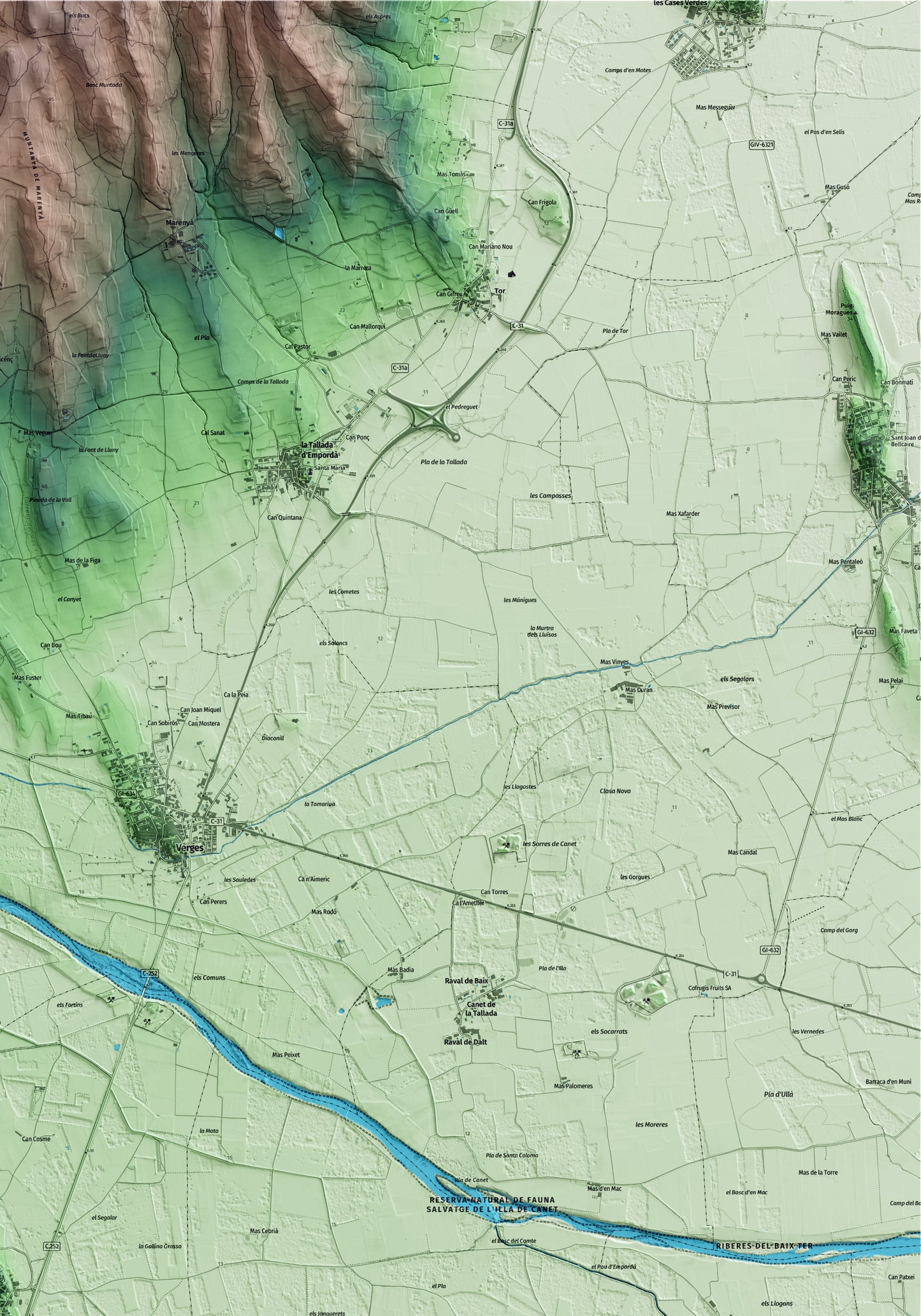 Mapa artístico del relieve de Ultramort, al Baix Empordà, con 15 km de entorno y base topográfica ICGC. Detalle de la zona superior derecha.