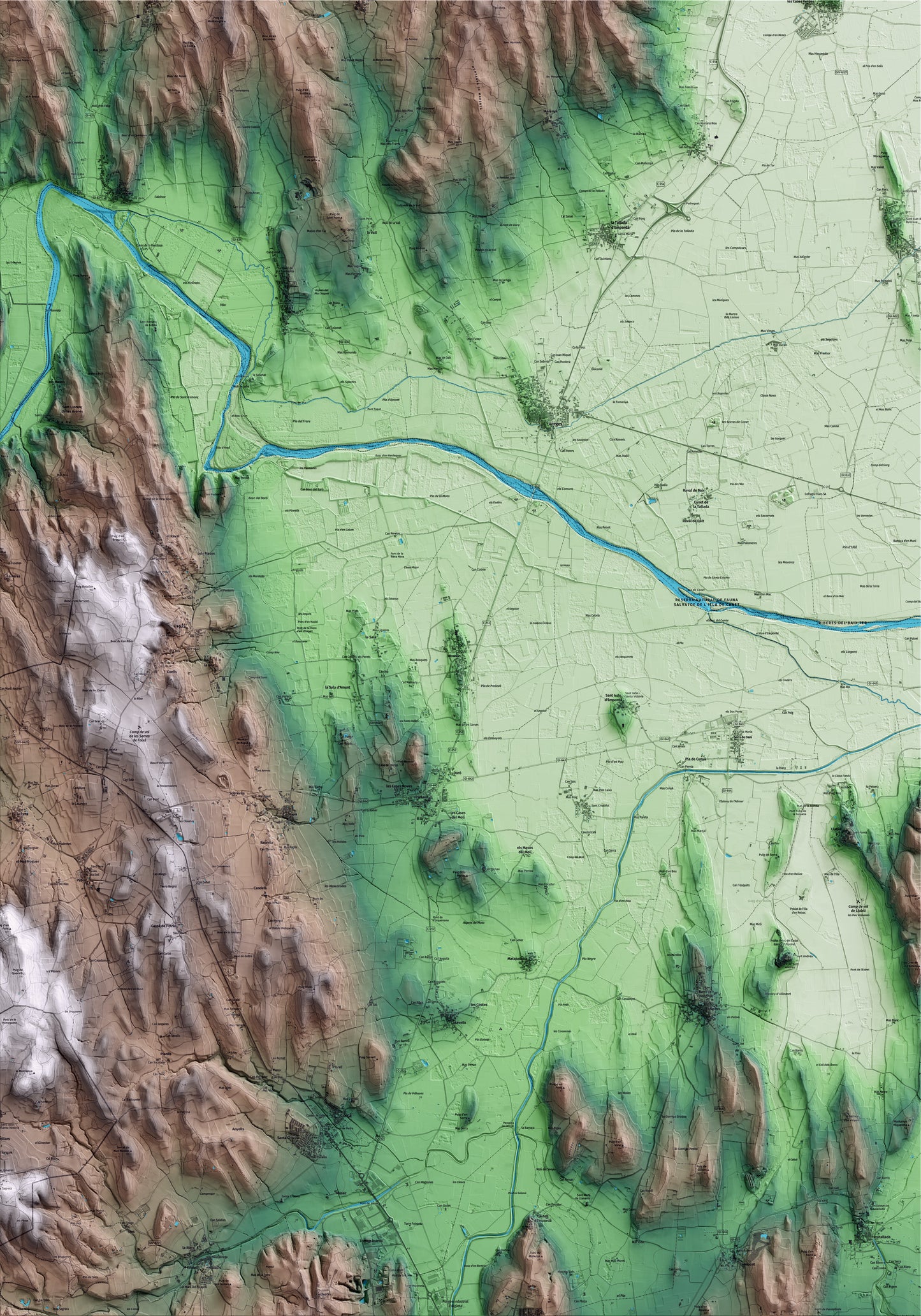 Mapa artístico del relieve de Ultramort, al Baix Empordà, con 15 km de entorno y base topográfica ICGC