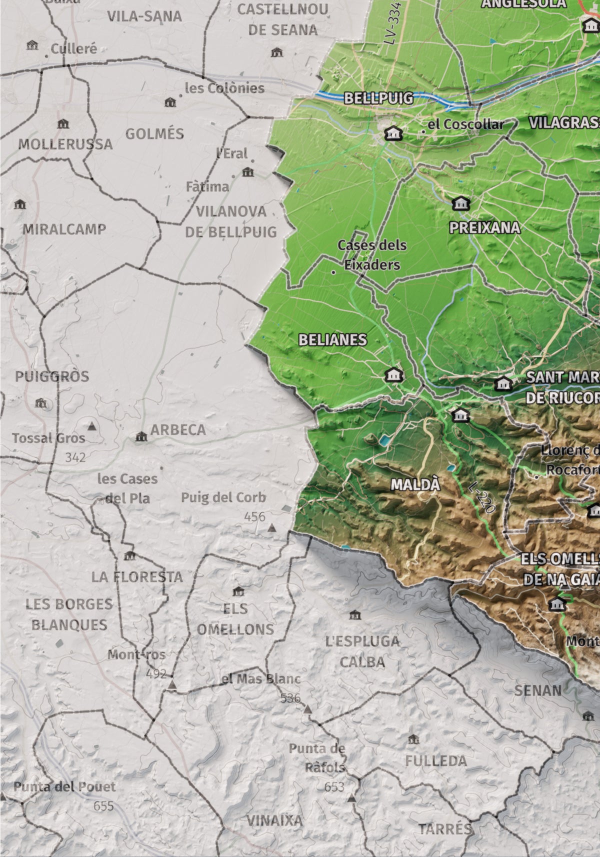 Mapa de relleu de l’Urgell, amb el territori en color i l’entorn en blanc. Detall de la part inferior esquerra. 21 × 30 cm. Estil Clàssic.