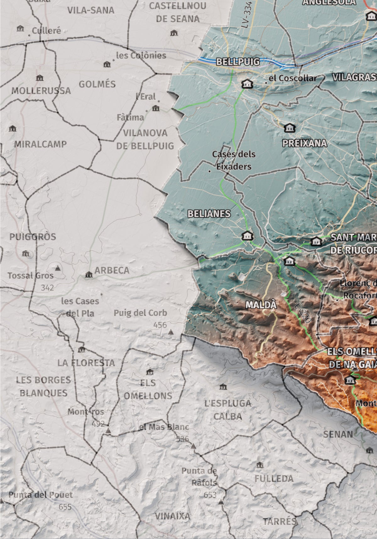 Mapa de relleu de l’Urgell, amb el territori en color i l’entorn en blanc. Detall de la part inferior esquerra. 21 × 30 cm. Estil Blau i taronja.