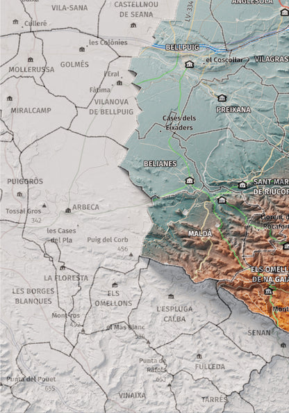 Mapa de relleu de l’Urgell, amb el territori en color i l’entorn en blanc. Detall de la part inferior esquerra. 21 × 30 cm. Estil Blau i taronja.