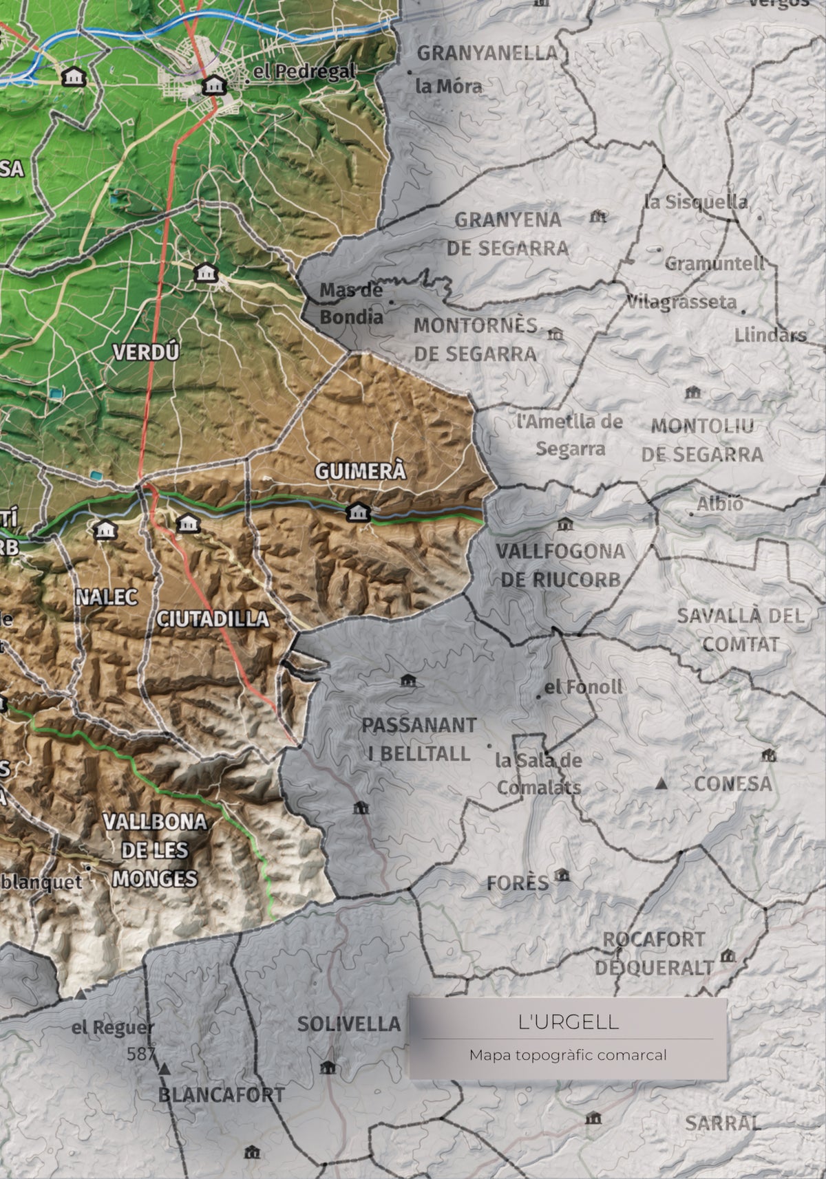 Mapa de relleu de l’Urgell, amb el territori en color i l’entorn en blanc. Detall de la part inferior dreta. 21 × 30 cm. Estil Clàssic.