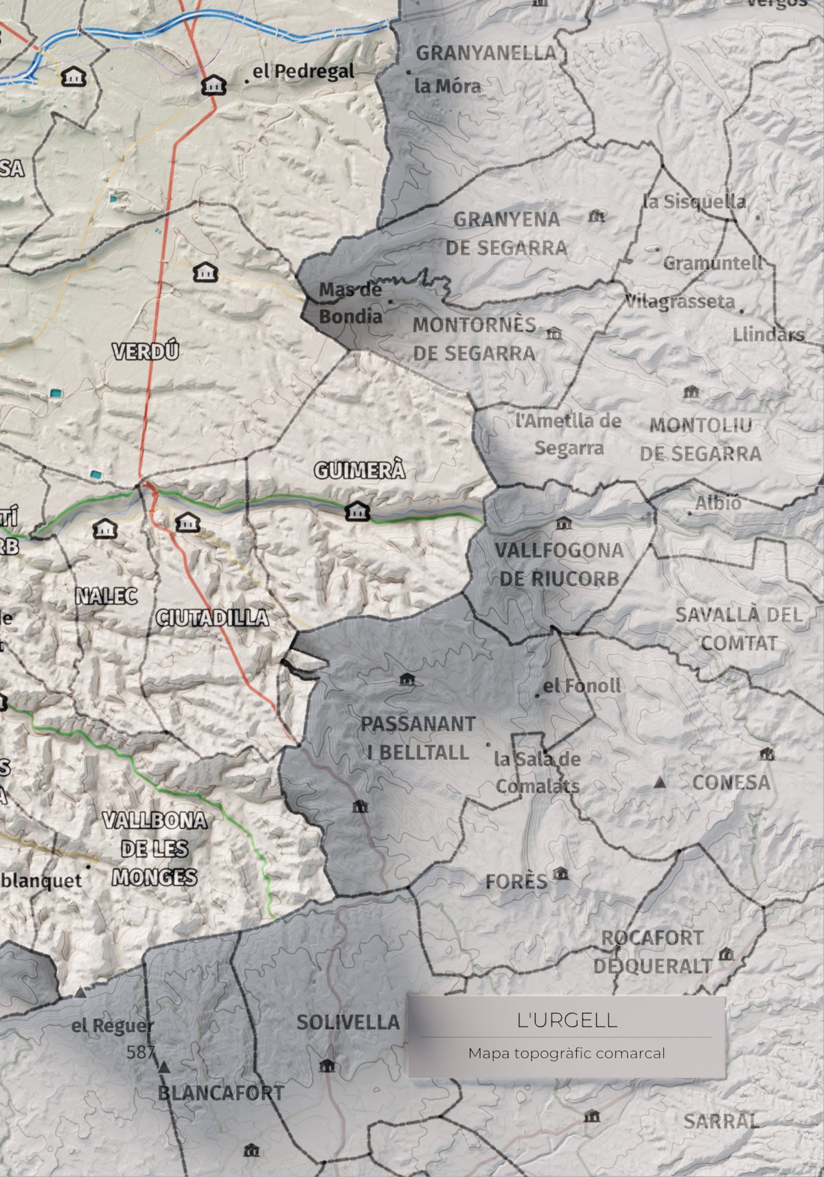 Mapa de relleu de l’Urgell, amb el territori en color i l’entorn en blanc. Detall de la part inferior dreta. 21 × 30 cm. Estil Cartogràfic.