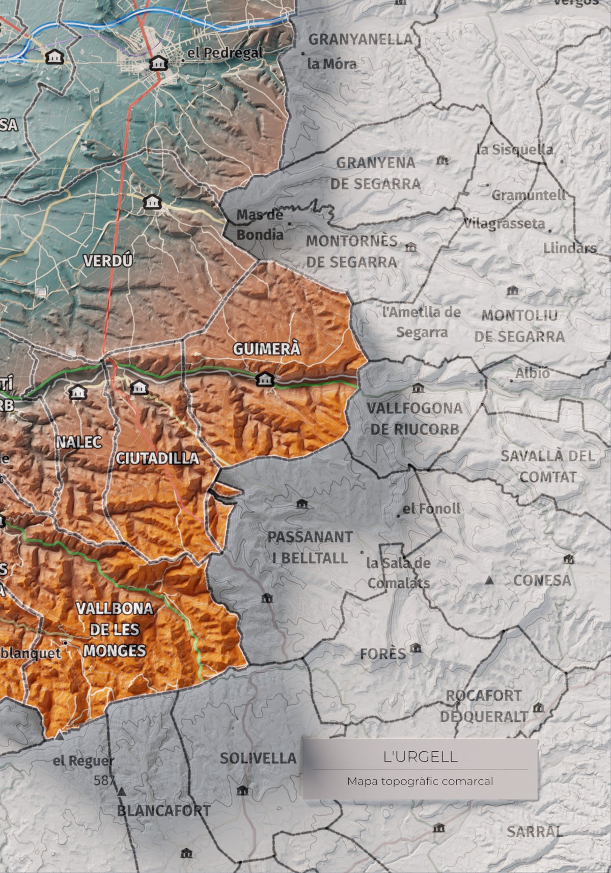 Mapa de relleu de l’Urgell, amb el territori en color i l’entorn en blanc. Detall de la part inferior dreta. 21 × 30 cm. Estil Blau i taronja.