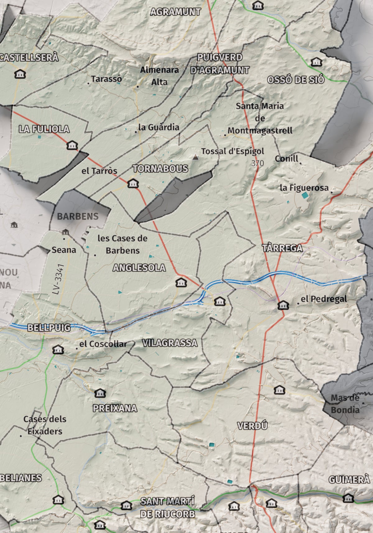 Mapa de relleu de l’Urgell, amb el territori en color i l’entorn en blanc. Detall de la part central. 21 × 30 cm. Estil Cartogràfic.