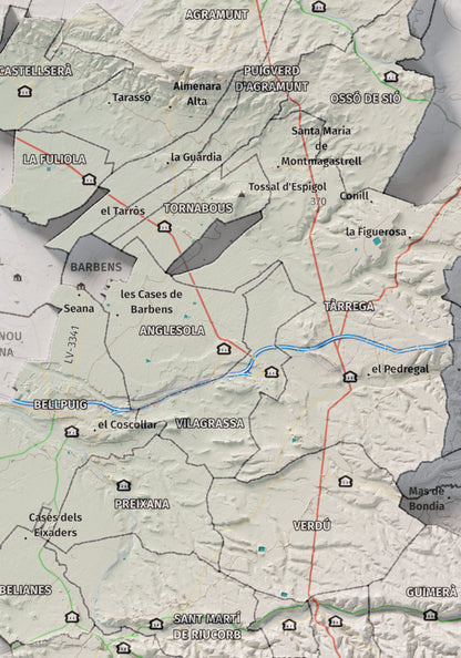 Mapa de relleu de l’Urgell, amb el territori en color i l’entorn en blanc. Detall de la part central. 21 × 30 cm. Estil Cartogràfic.
