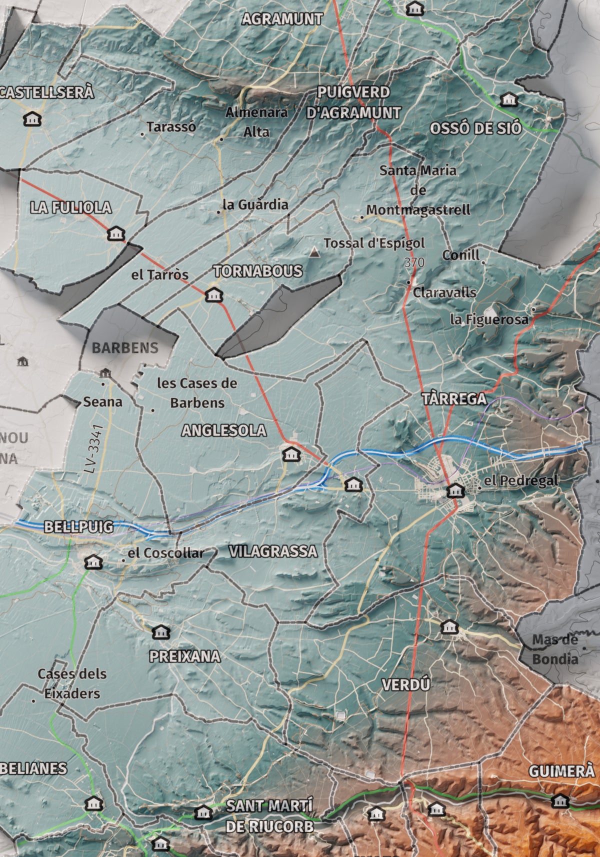 Mapa de relleu de l’Urgell, amb el territori en color i l’entorn en blanc. Detall de la part central. 21 × 30 cm. Estil Blau i taronja.