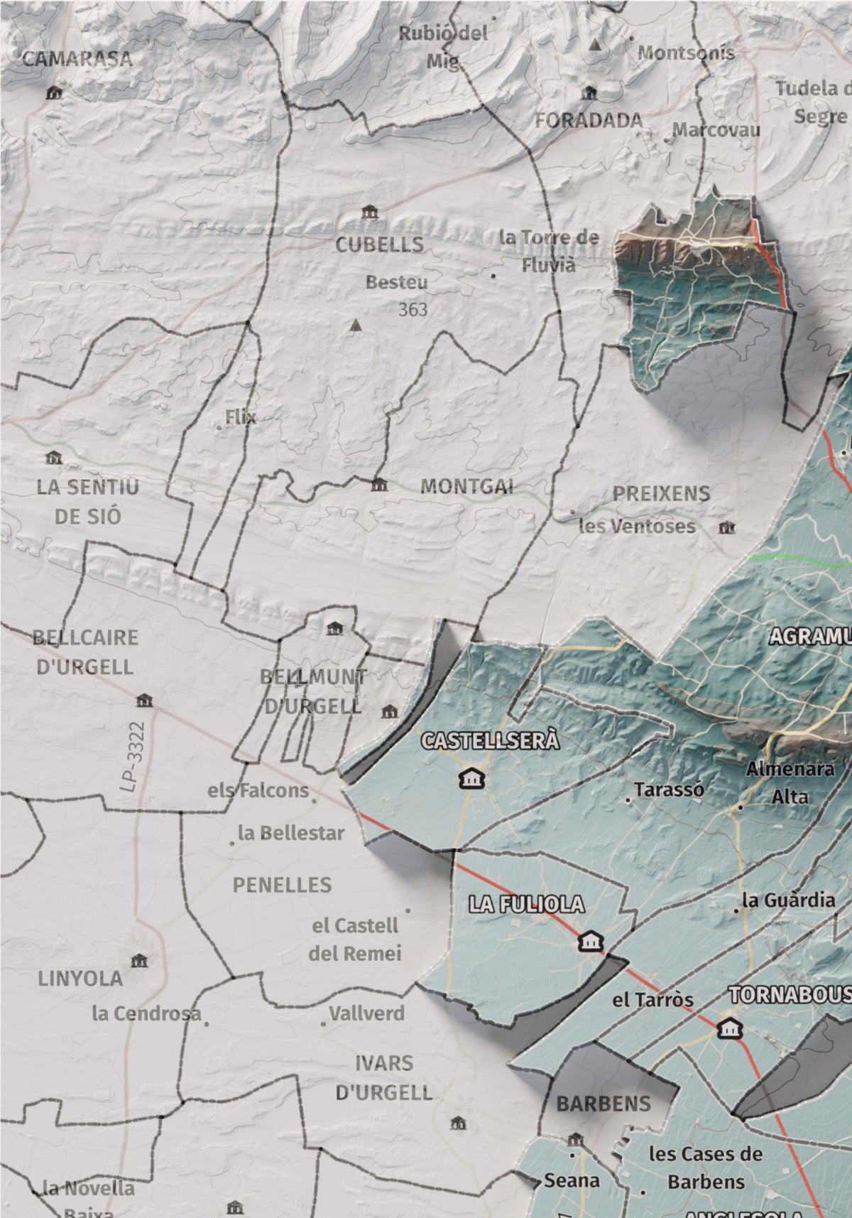 Mapa de relleu de l’Urgell, amb el territori en color i l’entorn en blanc. Detall de la part superior esquerra. 21 × 30 cm. Estil Blau i taronja.