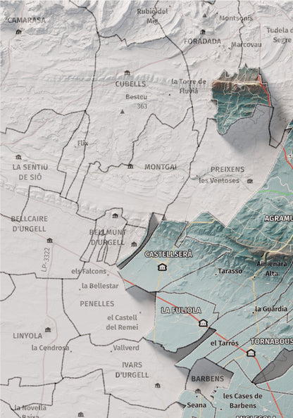 Mapa de relleu de l’Urgell, amb el territori en color i l’entorn en blanc. Detall de la part superior esquerra. 21 × 30 cm. Estil Blau i taronja.