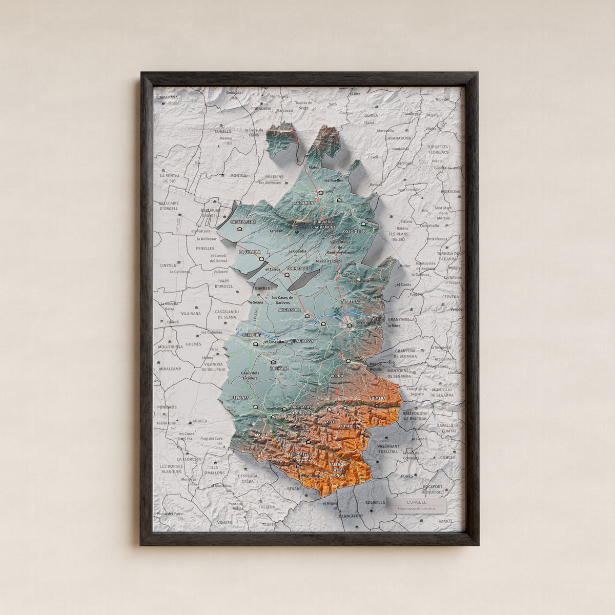 Mapa de relleu de l’Urgell, amb el territori en color i l’entorn en blanc. Presentació amb marc. 21 × 30 cm. Estil Blau i taronja.