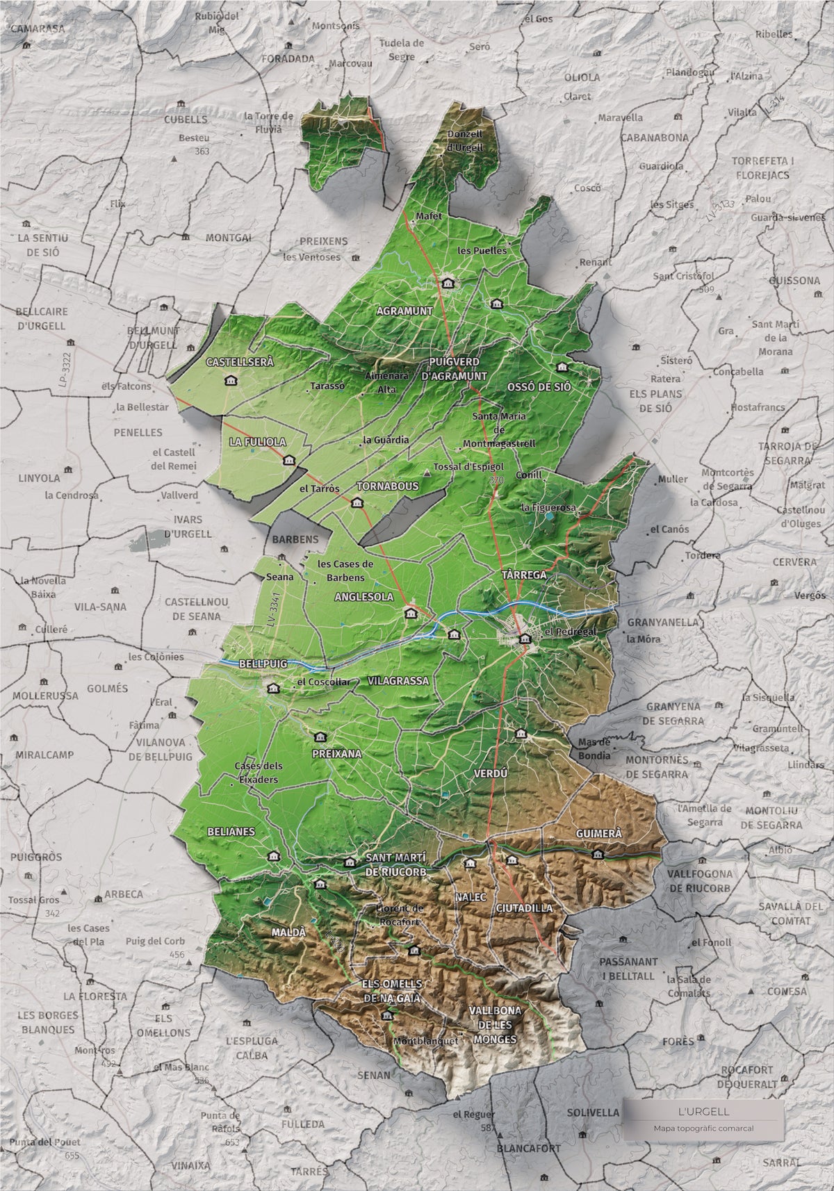 Mapa de relleu de l’Urgell, amb el territori en color i l’entorn en blanc. Vista completa de la làmina. 21 × 30 cm. Estil Clàssic.