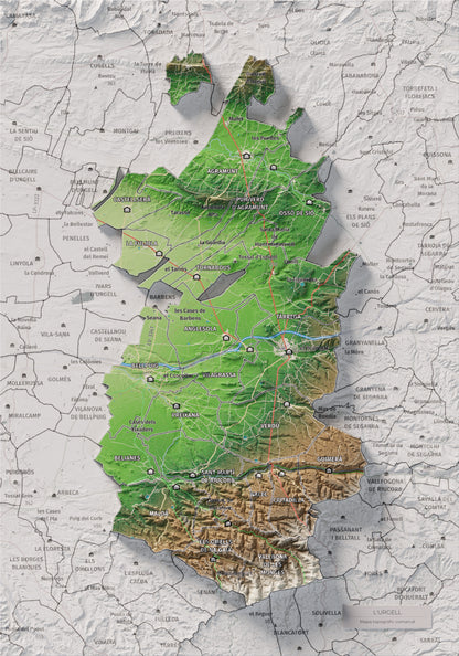 Mapa de relleu de l’Urgell, amb el territori en color i l’entorn en blanc. Vista completa de la làmina. 21 × 30 cm. Estil Clàssic.