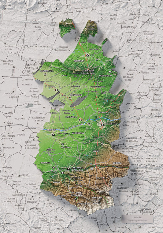 Mapa de relieve del Urgell, con el territorio en color y el entorno en blanco. Vista completa de la lámina. 21 × 30 cm. Estilo Clásico.