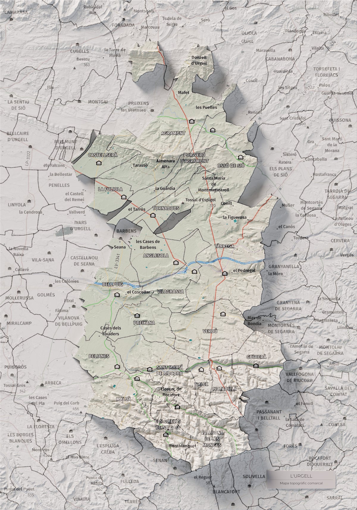Mapa de relleu de l’Urgell, amb el territori en color i l’entorn en blanc. Vista completa de la làmina. 21 × 30 cm. Estil Cartogràfic.