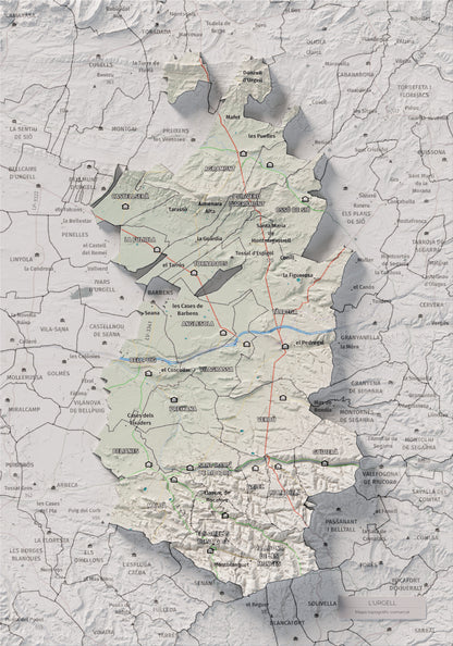Mapa de relleu de l’Urgell, amb el territori en color i l’entorn en blanc. Vista completa de la làmina. 21 × 30 cm. Estil Cartogràfic.
