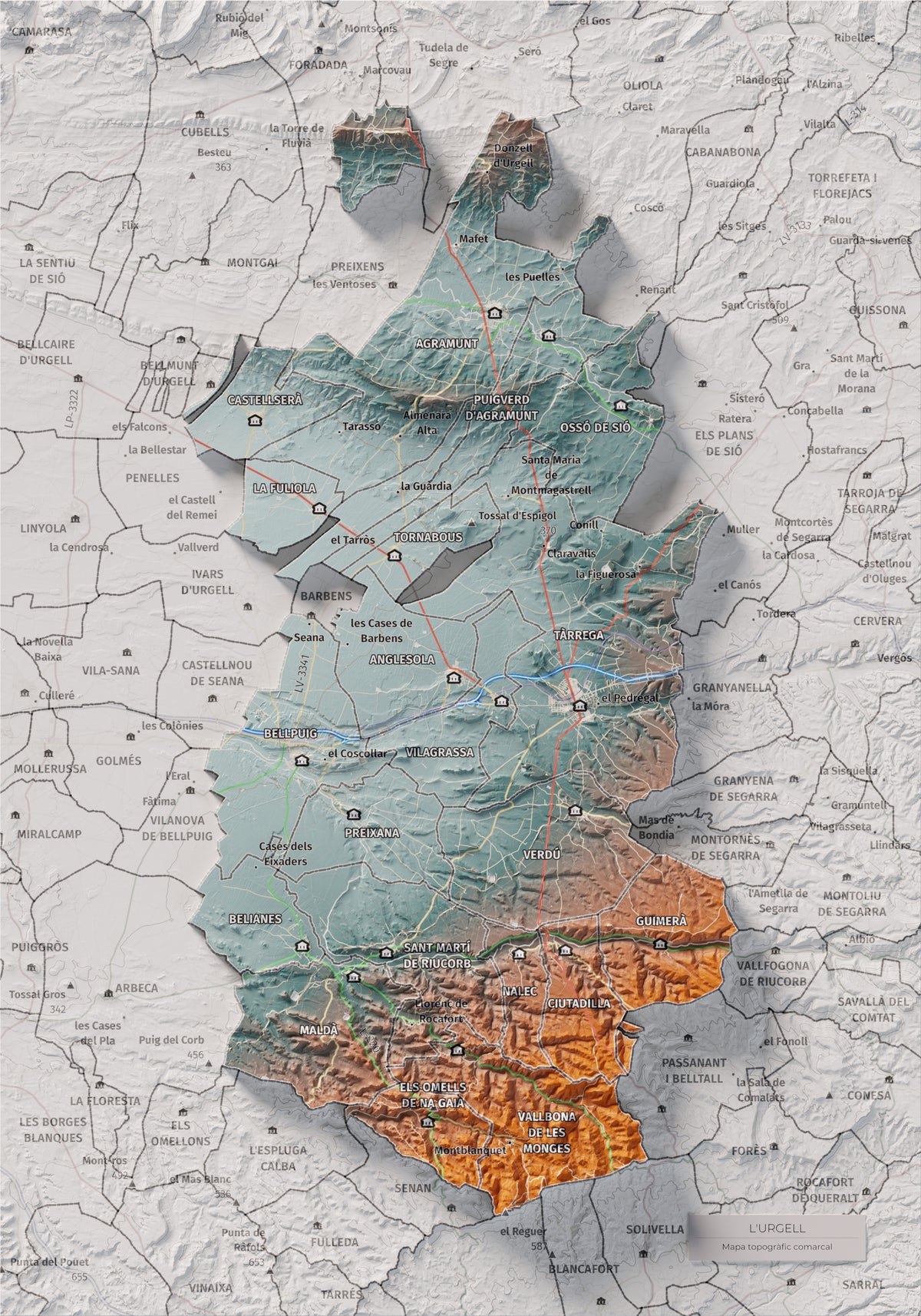 Mapa de relleu de l’Urgell, amb el territori en color i l’entorn en blanc. Vista completa de la làmina. 21 × 30 cm. Estil Blau i taronja.