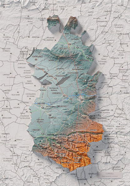 Mapa de relleu de l’Urgell, amb el territori en color i l’entorn en blanc. Vista completa de la làmina. 21 × 30 cm. Estil Blau i taronja.