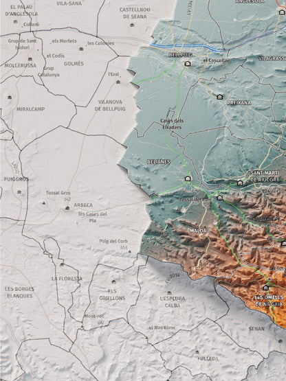 Mapa de relleu de l’Urgell, amb el territori en color i l’entorn en blanc. Detall de la part inferior esquerra. 30 × 40 cm. Estil Blau i taronja.