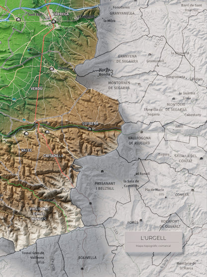 Mapa de relleu de l’Urgell, amb el territori en color i l’entorn en blanc. Detall de la part inferior dreta. 30 × 40 cm. Estil Clàssic.