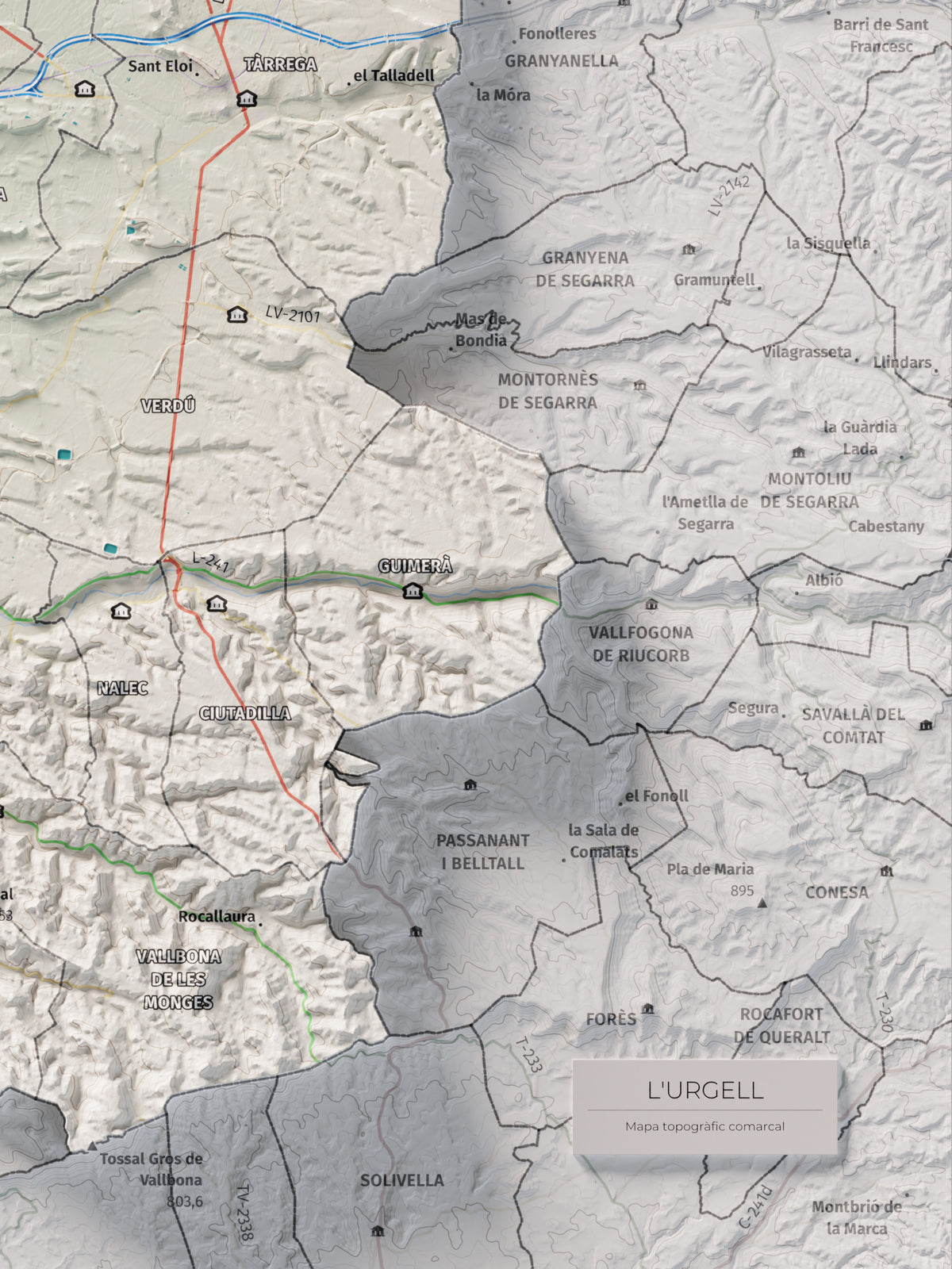 Mapa de relleu de l’Urgell, amb el territori en color i l’entorn en blanc. Detall de la part inferior dreta. 30 × 40 cm. Estil Cartogràfic.