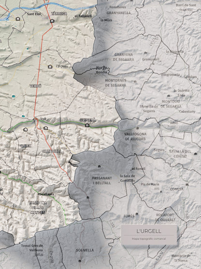 Mapa de relleu de l’Urgell, amb el territori en color i l’entorn en blanc. Detall de la part inferior dreta. 30 × 40 cm. Estil Cartogràfic.