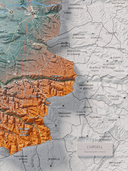 Mapa de relleu de l’Urgell, amb el territori en color i l’entorn en blanc. Detall de la part inferior dreta. 30 × 40 cm. Estil Blau i taronja.