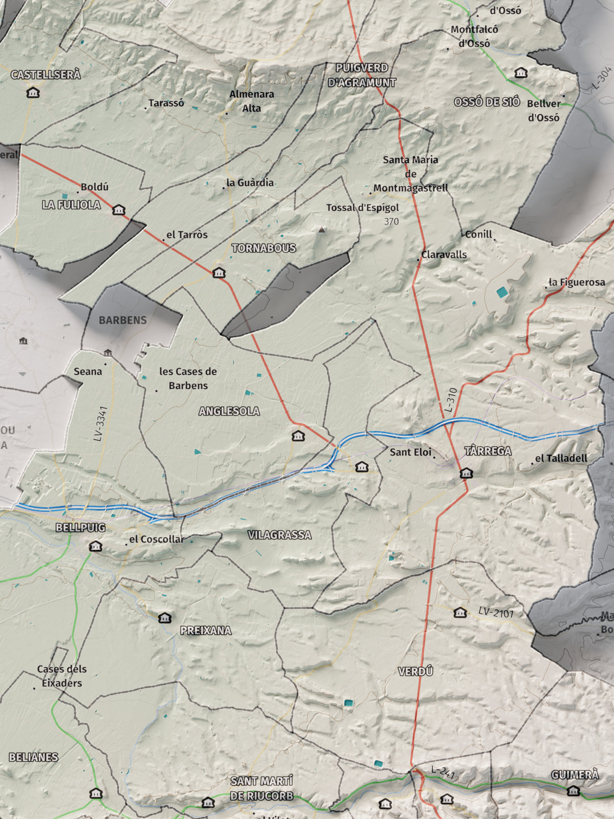 Mapa de relleu de l’Urgell, amb el territori en color i l’entorn en blanc. Detall de la part central. 30 × 40 cm. Estil Cartogràfic.
