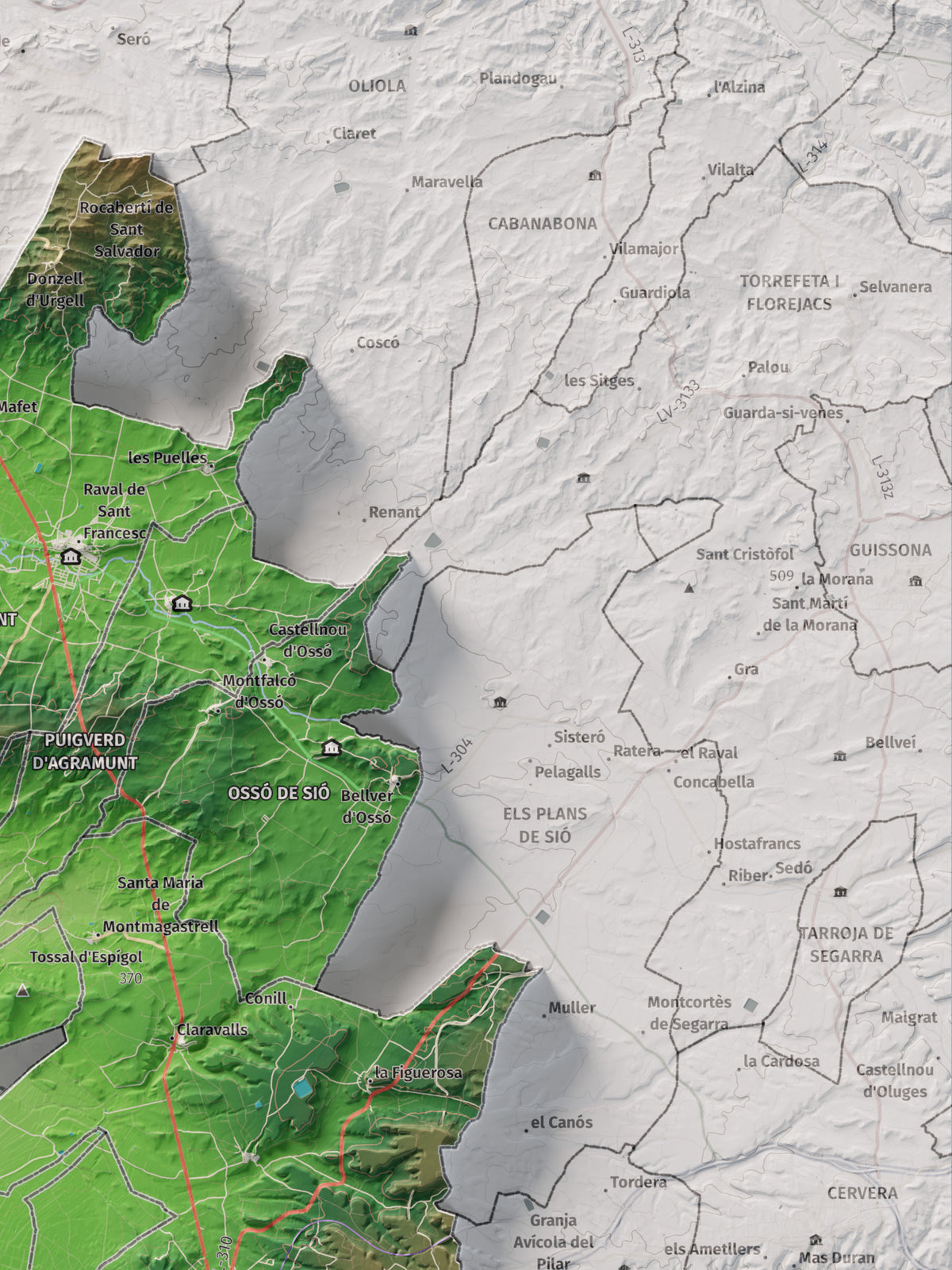 Mapa de relleu de l’Urgell, amb el territori en color i l’entorn en blanc. Detall de la part superior dreta. 30 × 40 cm. Estil Clàssic.
