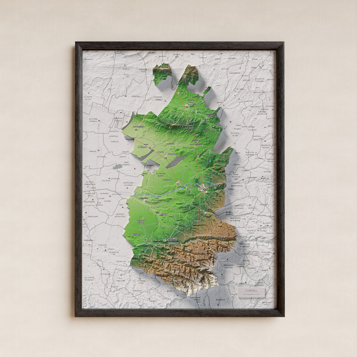 Mapa de relleu de l’Urgell, amb el territori en color i l’entorn en blanc. Presentació amb marc. 30 × 40 cm. Estil Clàssic.