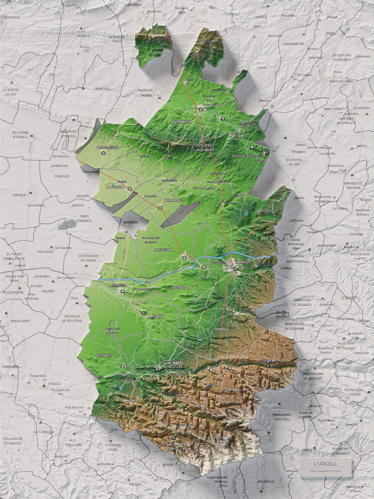 Mapa de relleu de l’Urgell, amb el territori en color i l’entorn en blanc. Vista completa de la làmina. 30 × 40 cm. Estil Clàssic.