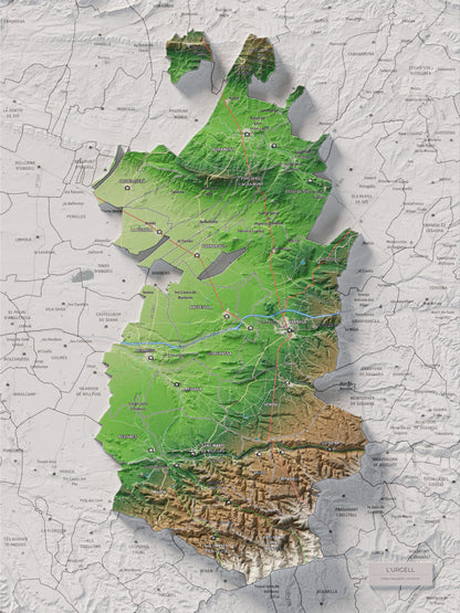 Mapa de relleu de l’Urgell, amb el territori en color i l’entorn en blanc. Vista completa de la làmina. 30 × 40 cm. Estil Clàssic.