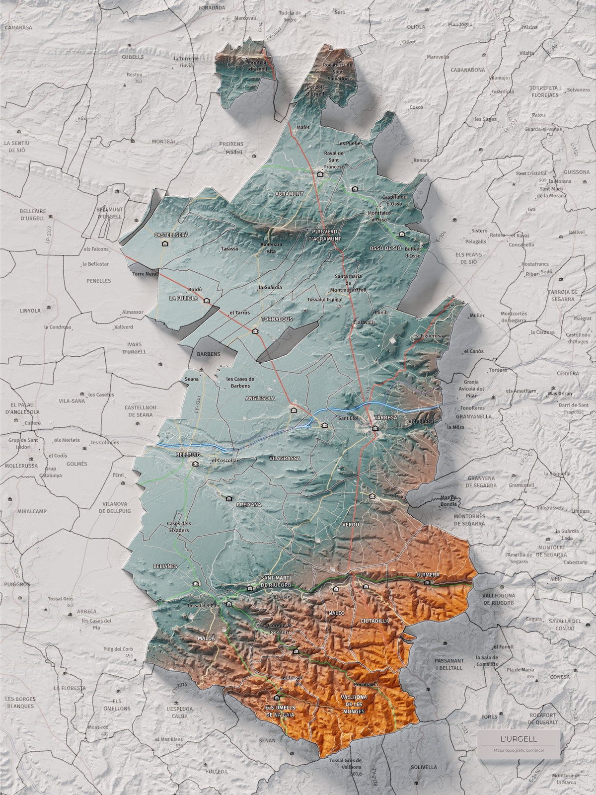 Mapa de relleu de l’Urgell, amb el territori en color i l’entorn en blanc. Vista completa de la làmina. 30 × 40 cm. Estil Blau i taronja.