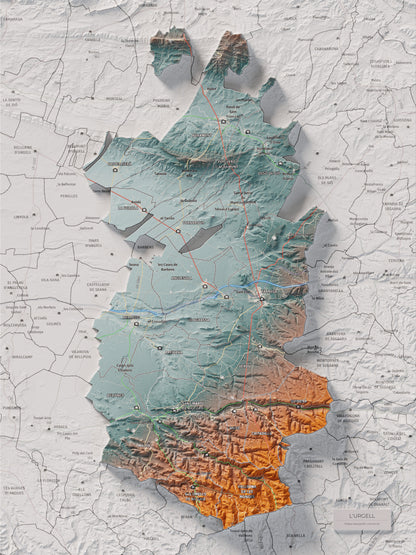 Mapa de relleu de l’Urgell, amb el territori en color i l’entorn en blanc. Vista completa de la làmina. 30 × 40 cm. Estil Blau i taronja.