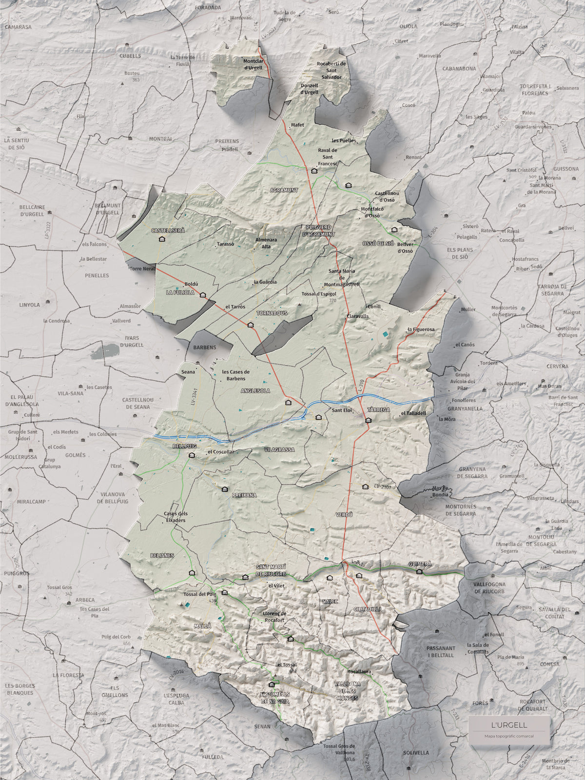 Mapa de relleu de l’Urgell, amb el territori en color i l’entorn en blanc. Vista completa de la làmina. 30 × 40 cm. Estil Cartogràfic.