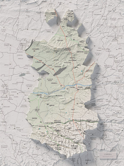 Mapa de relleu de l’Urgell, amb el territori en color i l’entorn en blanc. Vista completa de la làmina. 30 × 40 cm. Estil Cartogràfic.