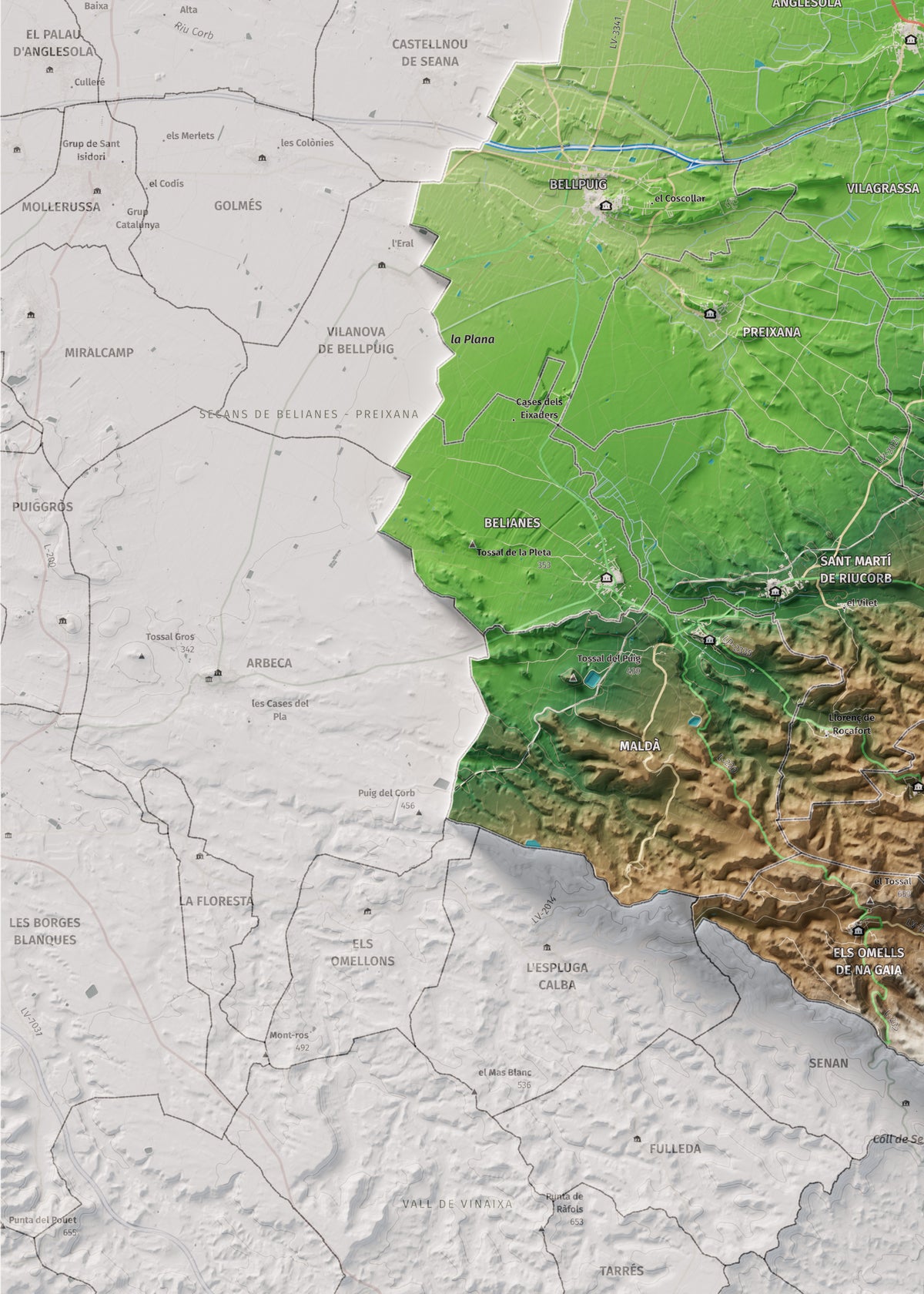 Mapa de relleu de l’Urgell, amb el territori en color i l’entorn en blanc. Detall de la part inferior esquerra. 50 × 70 cm. Estil Clàssic.