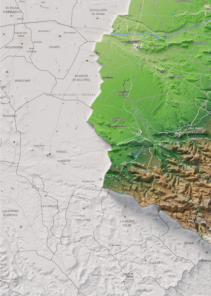 Mapa de relleu de l’Urgell, amb el territori en color i l’entorn en blanc. Detall de la part inferior esquerra. 50 × 70 cm. Estil Clàssic.