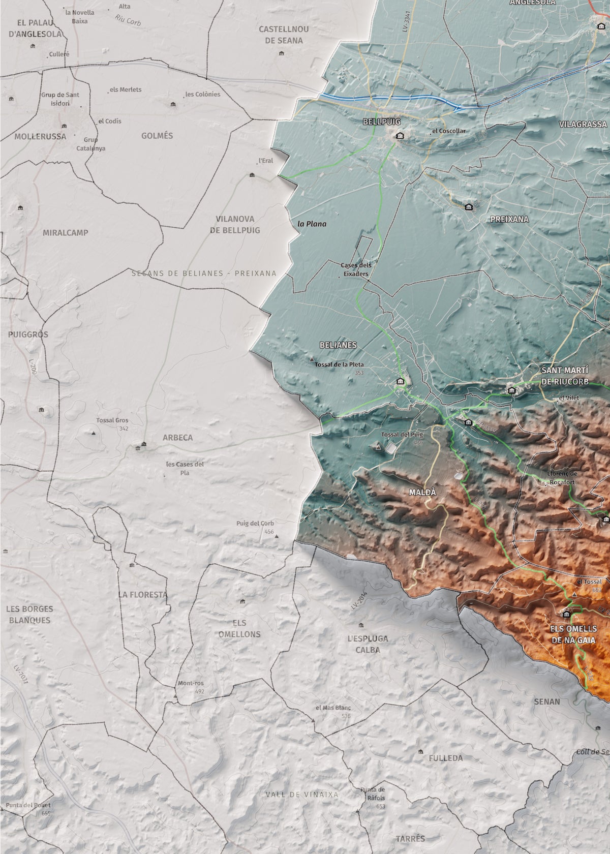 Mapa de relleu de l’Urgell, amb el territori en color i l’entorn en blanc. Detall de la part inferior esquerra. 50 × 70 cm. Estil Blau i taronja.