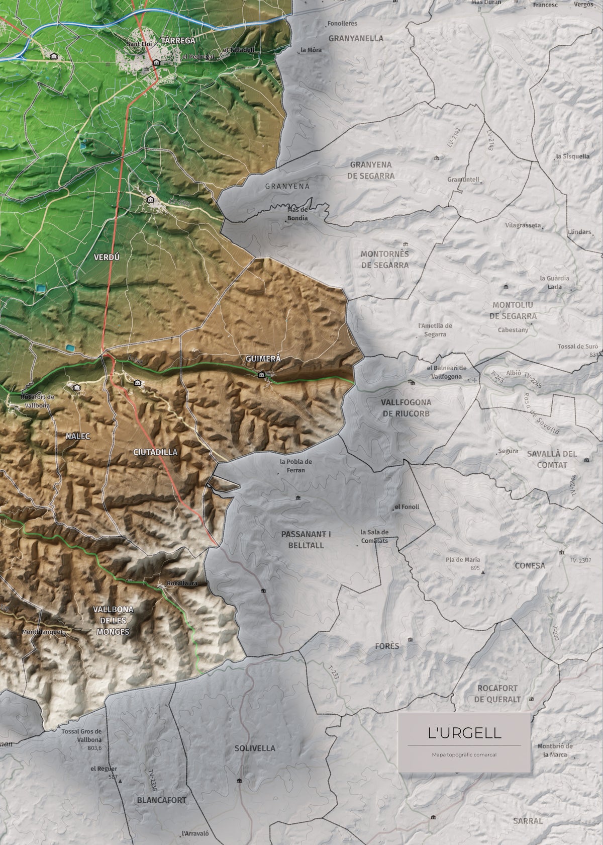 Mapa de relleu de l’Urgell, amb el territori en color i l’entorn en blanc. Detall de la part inferior dreta. 50 × 70 cm. Estil Clàssic.