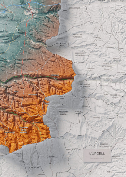 Mapa de relleu de l’Urgell, amb el territori en color i l’entorn en blanc. Detall de la part inferior dreta. 50 × 70 cm. Estil Blau i taronja.