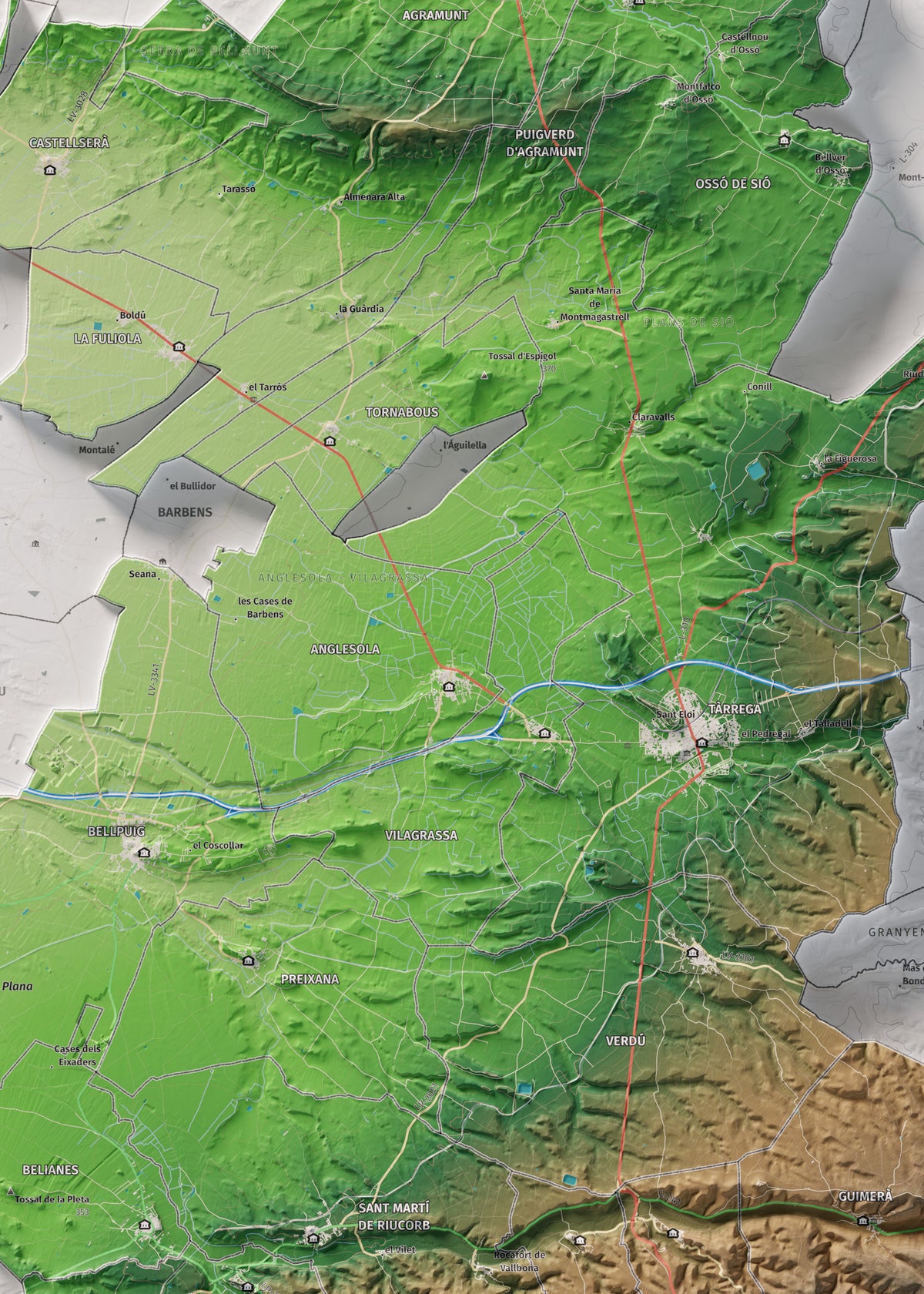 Mapa de relleu de l’Urgell, amb el territori en color i l’entorn en blanc. Detall de la part central. 50 × 70 cm. Estil Clàssic.