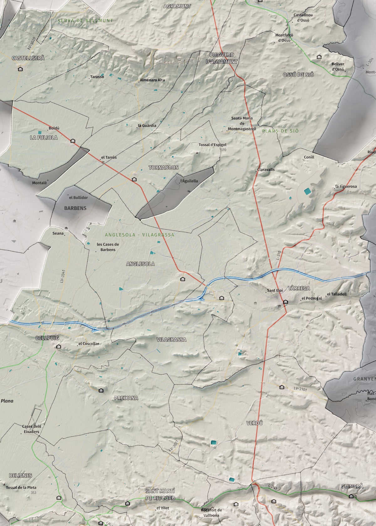 Mapa de relleu de l’Urgell, amb el territori en color i l’entorn en blanc. Detall de la part central. 50 × 70 cm. Estil Cartogràfic.