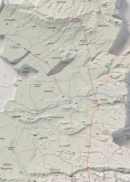 Mapa de relleu de l’Urgell, amb el territori en color i l’entorn en blanc. Detall de la part central. 50 × 70 cm. Estil Cartogràfic.