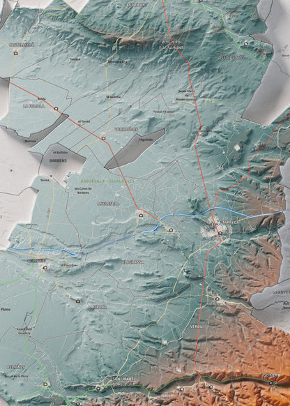 Mapa de relleu de l’Urgell, amb el territori en color i l’entorn en blanc. Detall de la part central. 50 × 70 cm. Estil Blau i taronja.