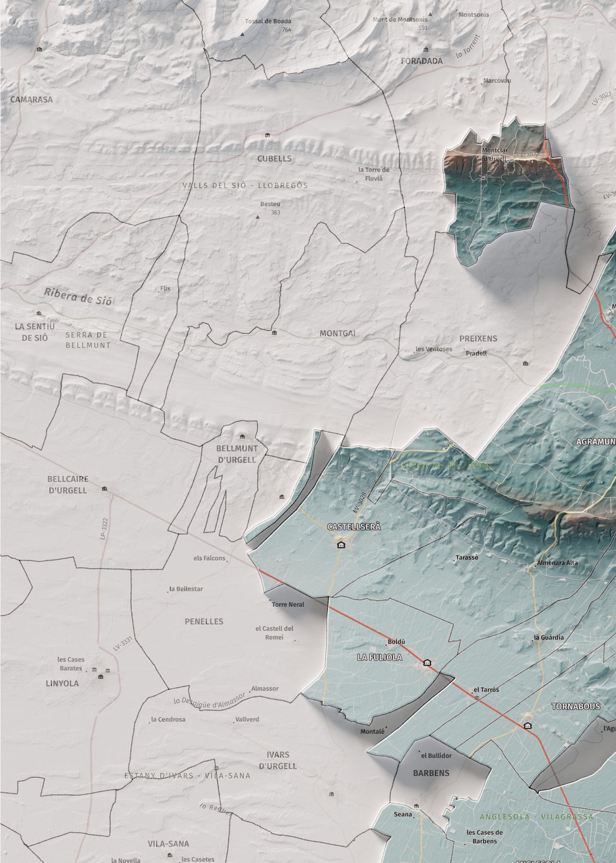 Mapa de relleu de l’Urgell, amb el territori en color i l’entorn en blanc. Detall de la part superior esquerra. 50 × 70 cm. Estil Blau i taronja.